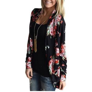 Echowish Size 3X Black and Red Floral Cardigan